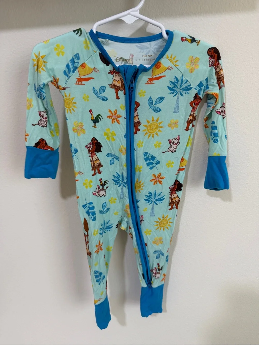 Little Sleepies Aqua Disney’s Moana Print Footed Pajamas with Bright Blue Trim